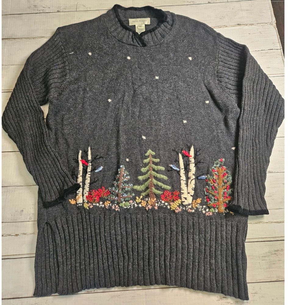 Susan Bristol Vintage Hand Embroidered Winter Forest Sweater XL Gray Ramie